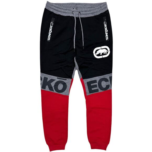 Ecko Unltd Men's Sweatpants Colorblock Puff Print Fleece Jogger in Red/Black - Picture 1 of 4
